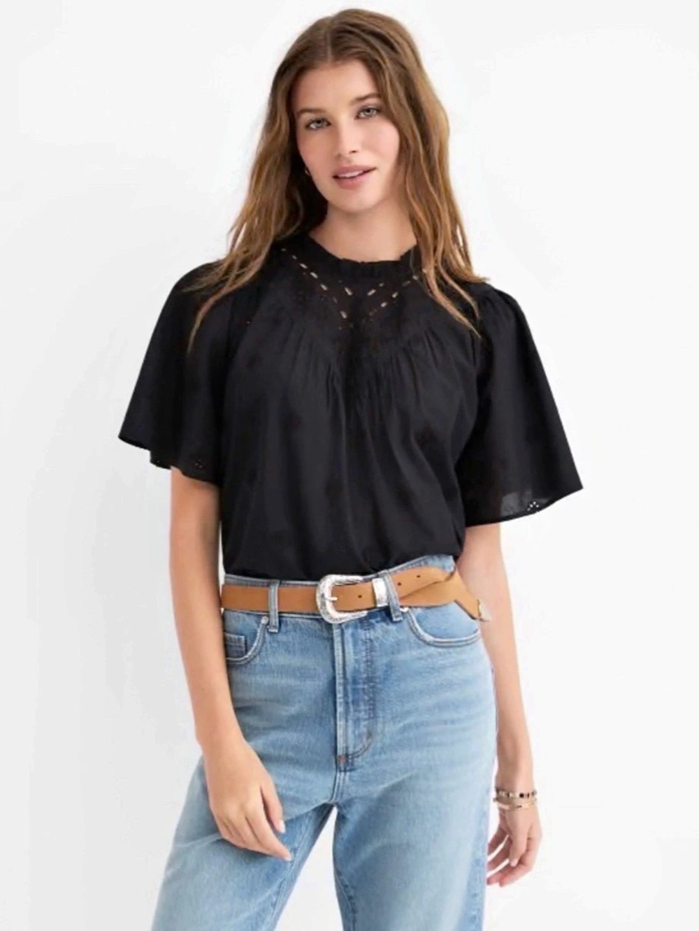 LOFT Eyelet Flutter Sleeve Blouse Black